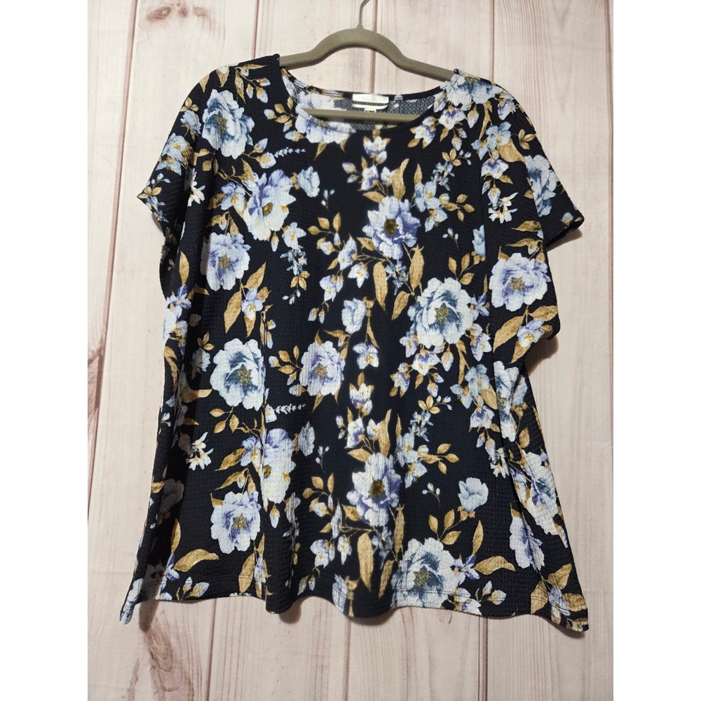 Jules & Leopold Women 3X Floral Short Sleeve Textured‎ Blouse Blue Tan Gauze